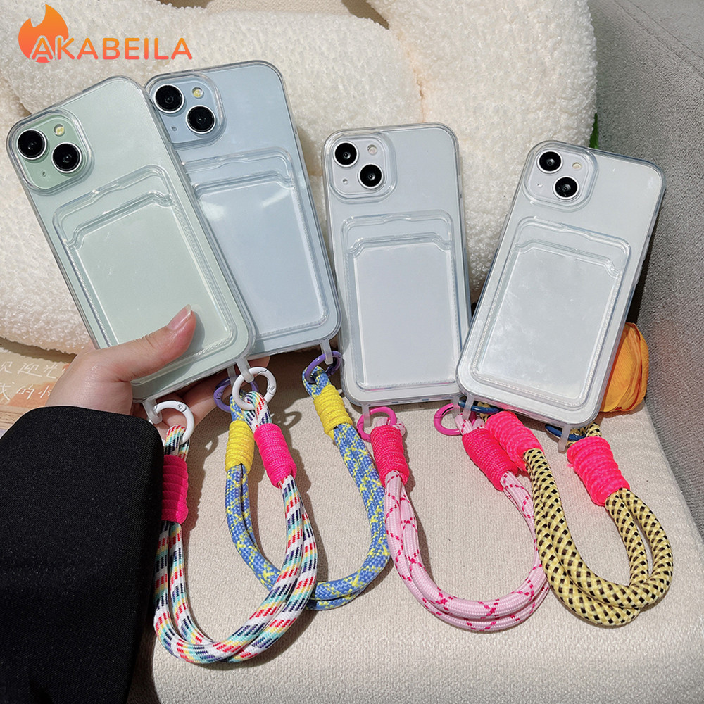 กระเป๋าใส่บัตรพร้อมเคสสายรัดโทรศัพท์มือถือ for IPhone 11 12 13 14 15 Pro Max 7 8 Plus XS Max SE 2020 Xr X Covers Case