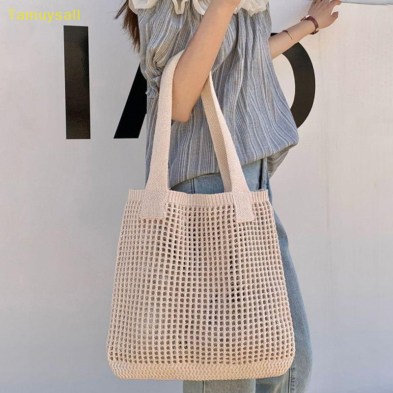 [TAMU ] กระเป ๋ าถัก Minimalist ทอกระเป ๋ าตาข ่ าย Hollow กระเป ๋ าสะพายสตรี Tote YSA