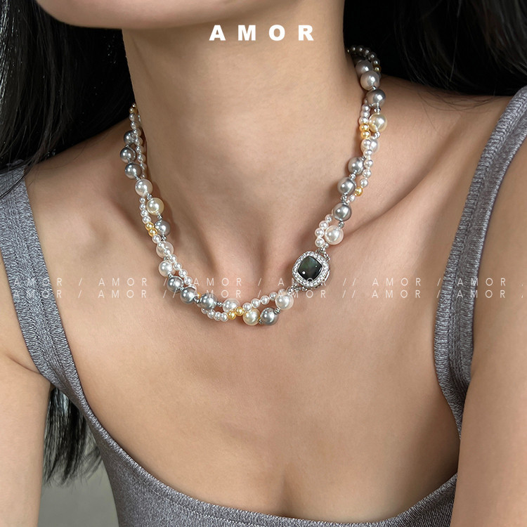 หรูหราเบา,ซอก,ระดับไฮเอนด ์ สีผสมสร ้ อยคอชั ้ นมุกสองชั ้ นดีไซน ์ ฝรั ่ งเศสและโซ ่ กระดูกไหปลาร ้ า