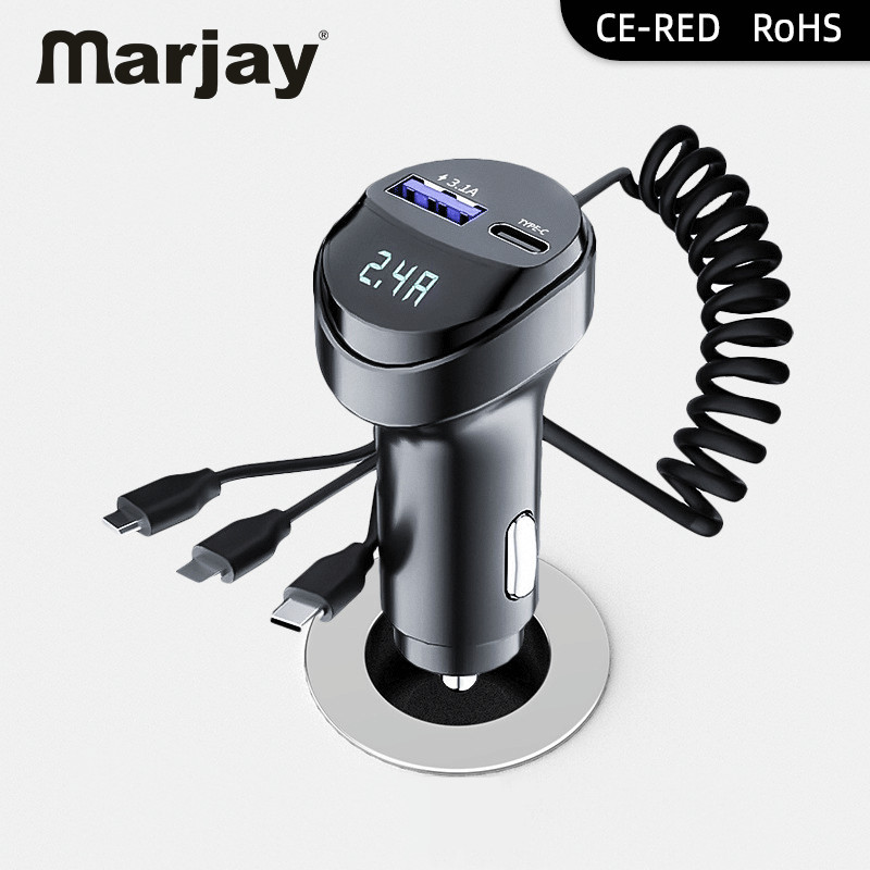 Marjay 3-in-1 Car Charger Telescopic สายชาร ์ จ Fast Charging พร ้ อมจอแสดงผลแรงดันไฟฟ ้ ารถยนต ์