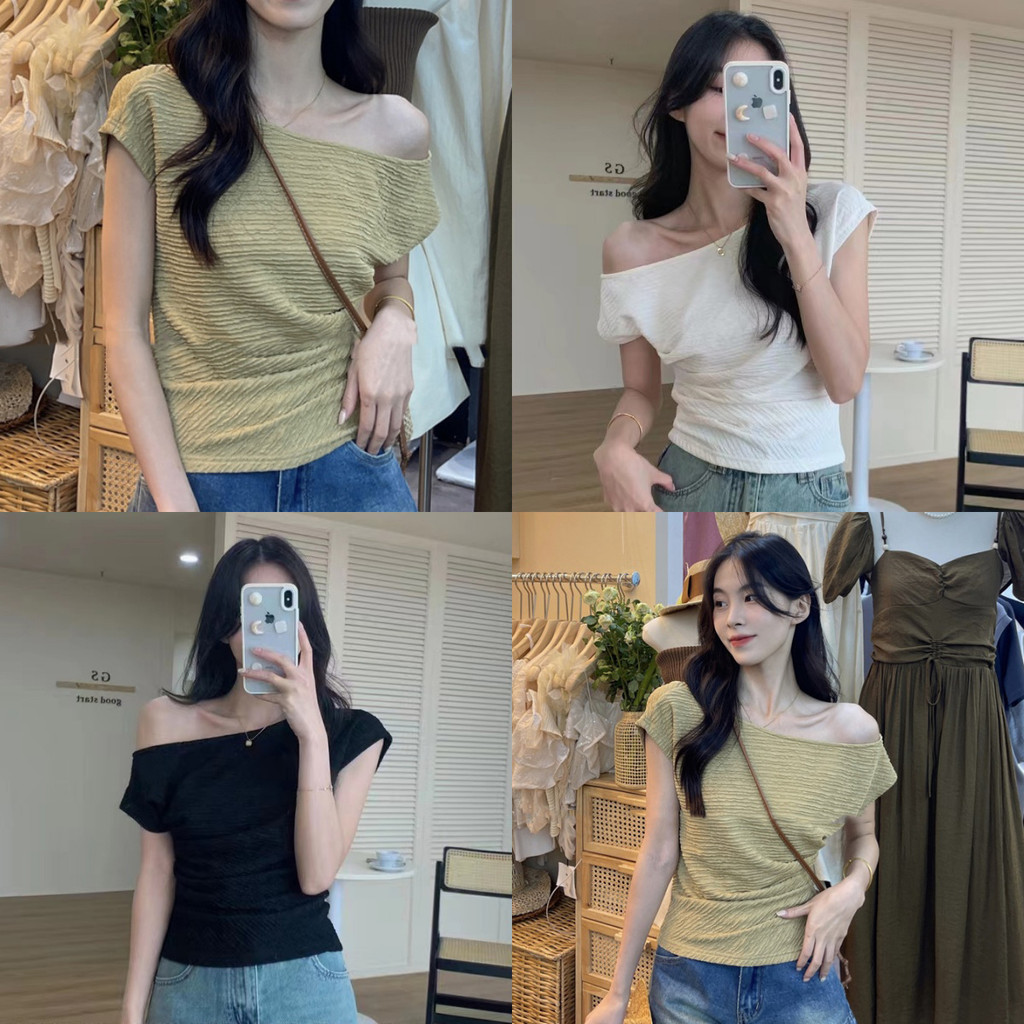 Anne ครอปแขนสั้น ผ้าจีบ ผ้าดีมาก เปิดไหล่ เสื้อยืดผู้หญิง ใส่สบายสุดๆ #M0551