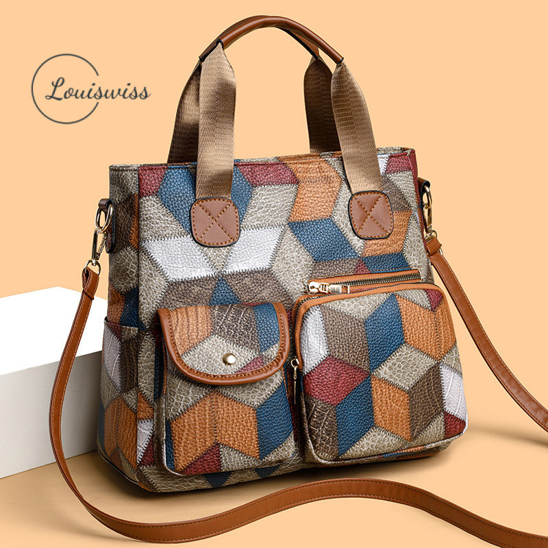 Louiswiss Sling Bag for Woman Shoulder Bag Crossbody Bag Large Capacity Tote Bag Retro Printing Brown Black