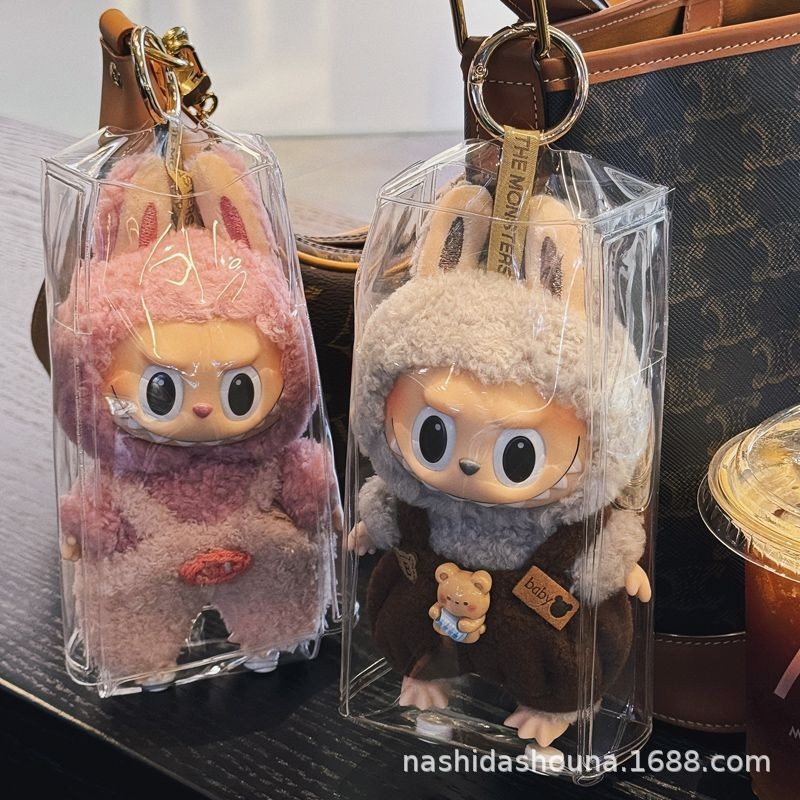 HEARATTRACT Labubu พวงกุญแจจี้เคสใสกันฝุ่นและกันน้ำตุ๊กตาจี้จัดเก็บกระเป๋าไวนิล