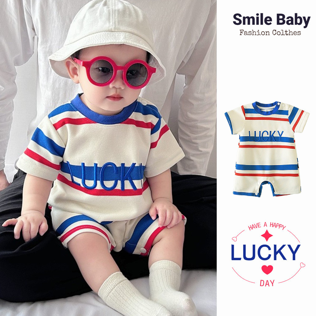 ฤดูร้อนใหม่เสื้อผ้าเด็กชายหญิงบอดี้สูทแขนสั้น 0-24 เดือนทารกแรกเกิดผ้าฝ้ายคุณภาพสูงลาย โชคดี ชุดรอมเปอร์