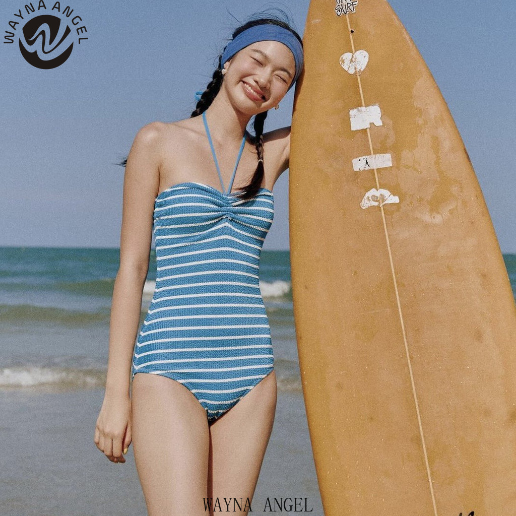 ประเทศไทยแฟชั่น Stripe ชุดว่ายน้ําผู้หญิง One Piece Halter Backless Retro ชุดว่ายน้ํา