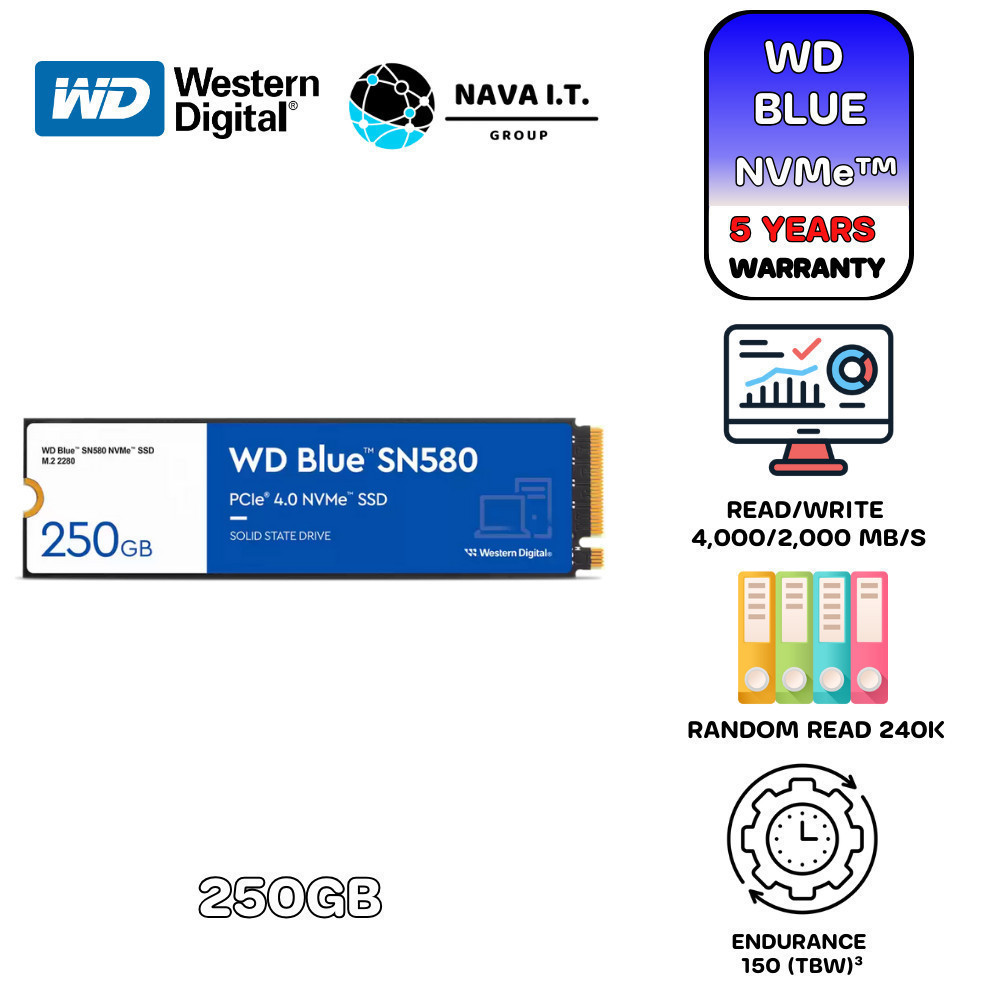 มีส่งด่วน WD BLUE 250GB SN580 M.2/2280 NVME SSD (เอสเอสดี) 3D NAND รับประกัน 5 ปี