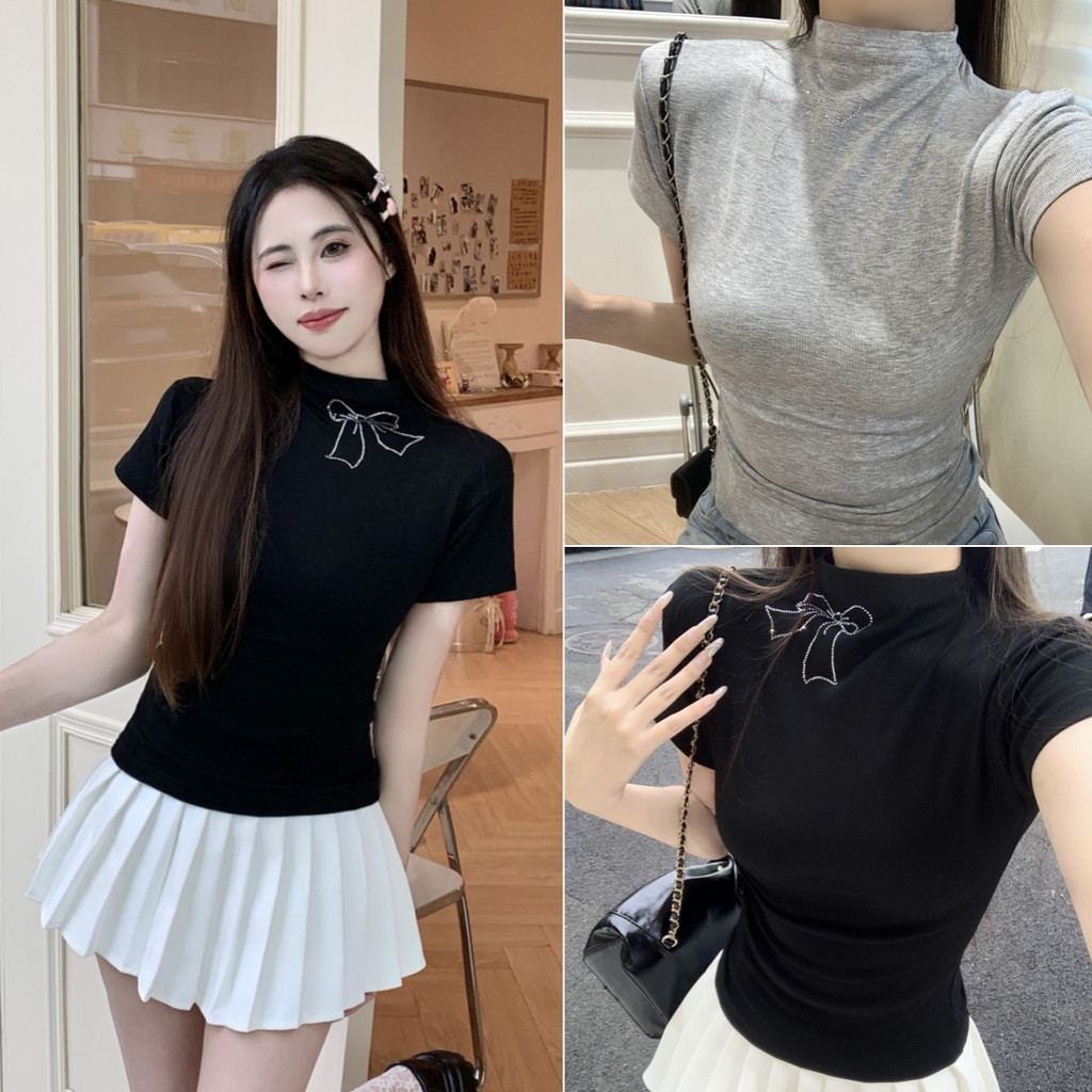cherryshop พร้อมส่ง เสื้อรัดรูป เสื้อยืดผู้หญิง แขนสั้นรัดรูป คอสูงสีพื้น โบว์ สไตล์เกาหลี