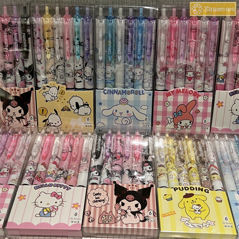 {Streamers} 6 ชิ้น Sanrio Hello Kitty Pochacco Cinnamoroll Kuromi Melody การ์ตูนกดปากกา Quick Drying ปากกาเจลเครื่องเขียนอุปกรณ์การเรียนใหม่