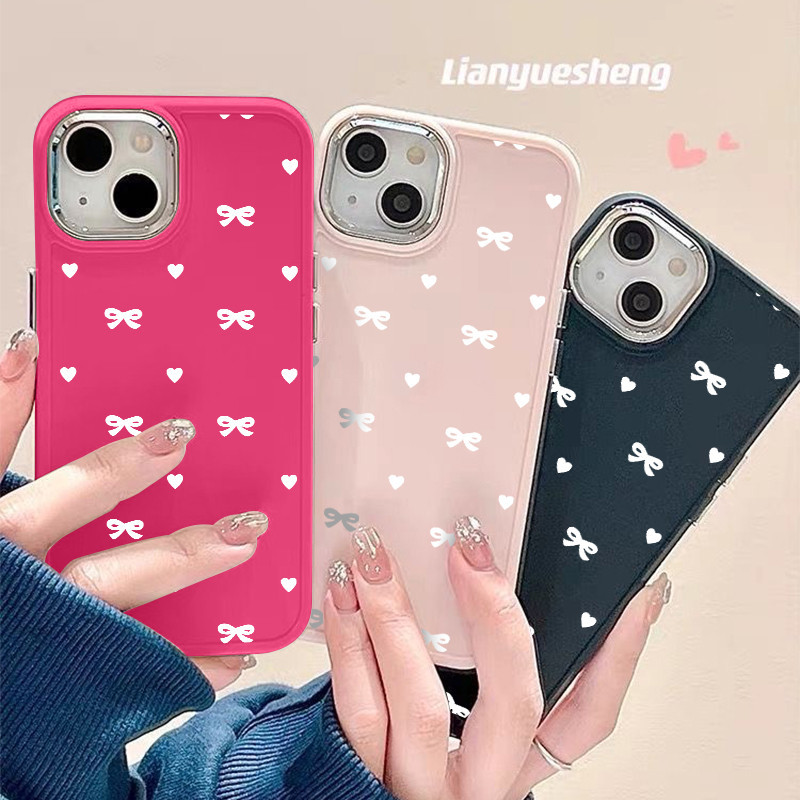 โบว์และรักเคสโทรศัพท์tpuนุ่มเข้ากันได้สําหรับiphone 15 12 14 11 13 Pro X XS Max XR 7 + 8 Plusปลอกคู่ปุ่มอิสระกันกระแทกฝาครอบป้องกันกล้องป้องกัน
