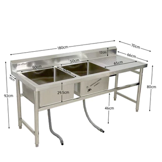 ซิงค์ล้างจานสแตนเลส พร้อมที่คว่ำจาน อ่างล้างจาน 2 หลุมซ้าย 180x70x80ซม Double Bowl Kitchen Sink SK180-70-ST480L