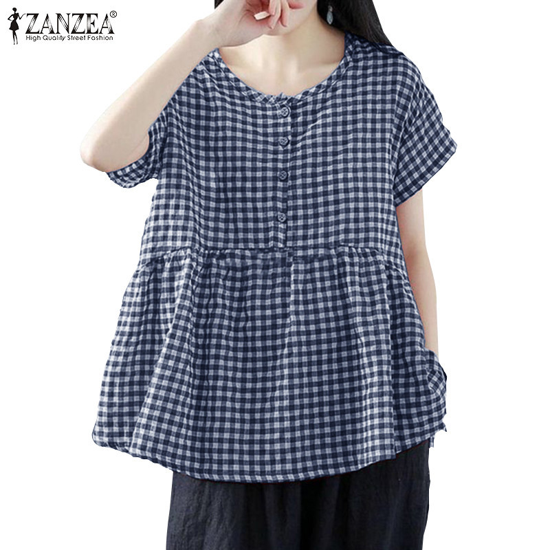 Zanzea เสื้อเบลาส์แขนสั้นคอกลมพิมพ์ลายเกาหลีสําหรับผู้หญิง