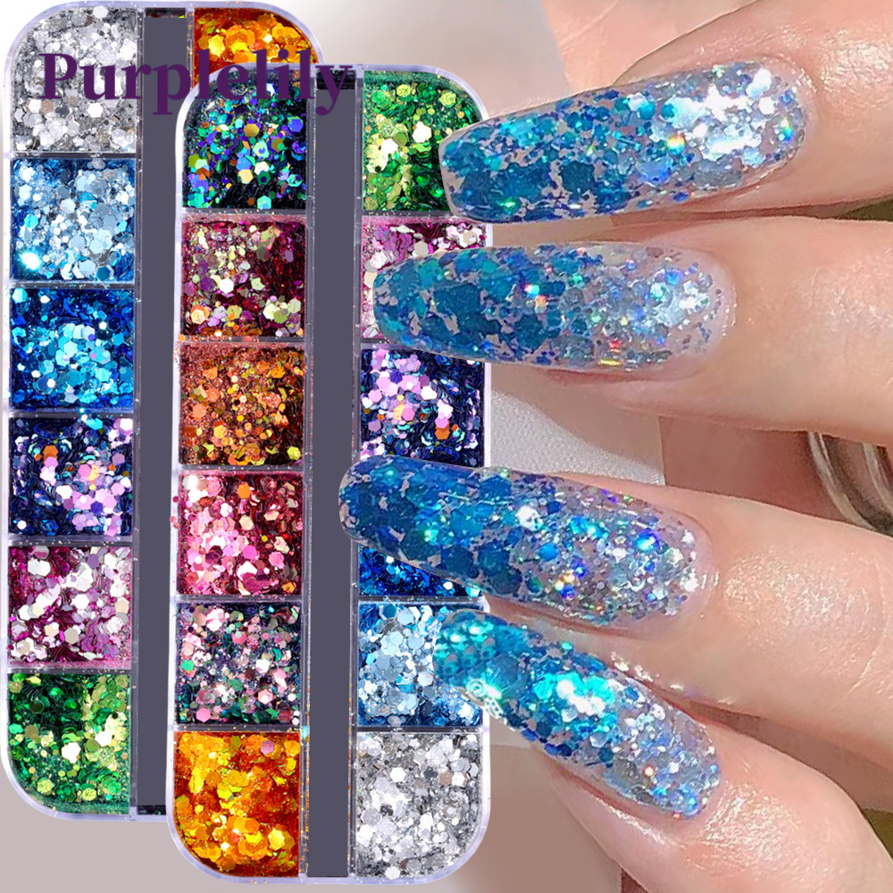 12 เซลล์/กล่อง Holographic เล็บ Glitter Flakes เลื่อม - Rose Gold เงินเล็บ Paillette เล็บ Spangles ชิ้นตกแต่งเล็บ