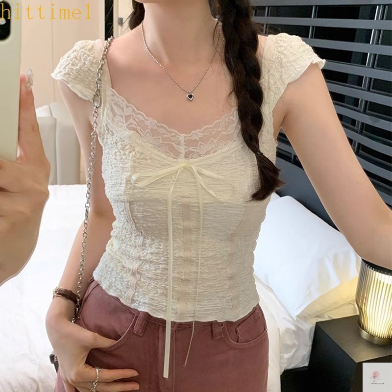 Ht HTเสื้อยืดลูกไม้โบว์สไตล์ฝรั่งเศสของผู้หญิงซอกเสื้อยืดแขนสั้นคอวีสลิมฟิตสั้นด้านบน