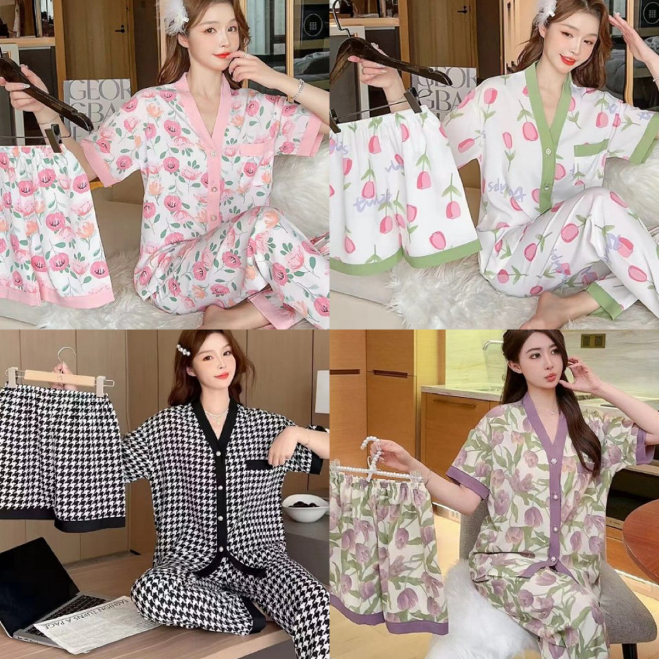 Imoet.boutique - ชุดนอนปุ่มซาติน 3in1 ชุดชุดนอน ABG วัยรุ่นผู้ใหญ่นําเข้า Leisure wear(GI0959)