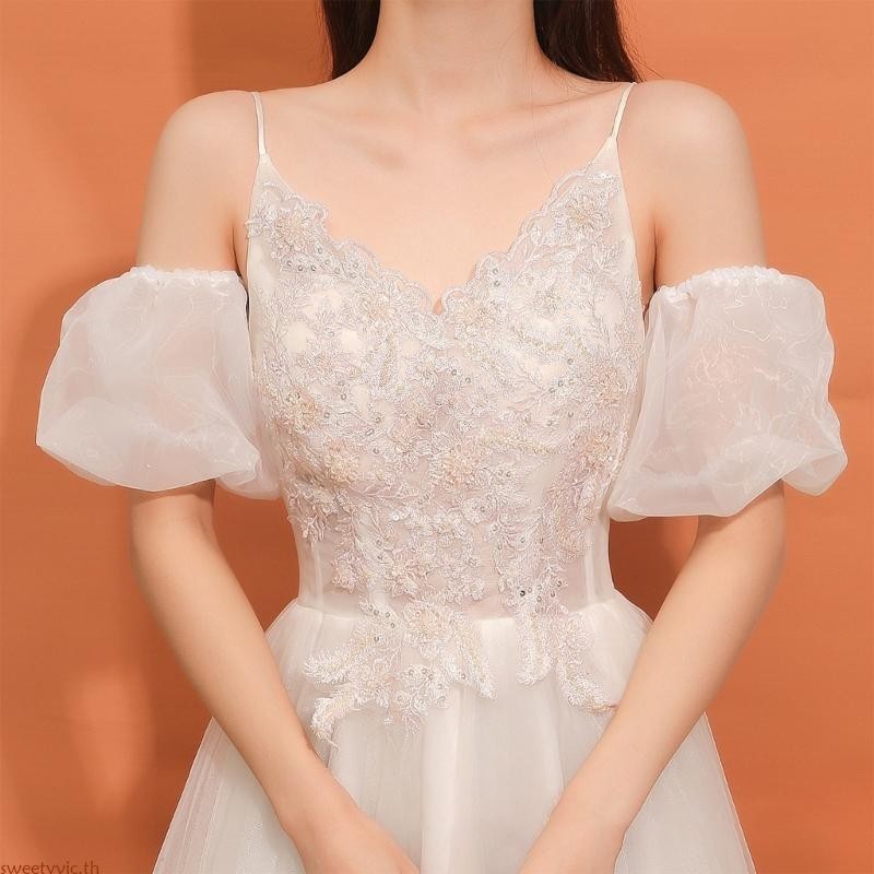ขนมหวาน Dainty Lady Elegant Puff Lace Sleeve ชุดเจ้าสาว Delicate ถอดแขน