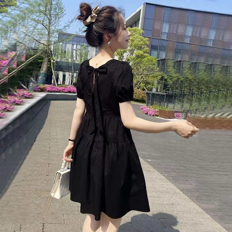 ชุดผู้หญิงฤดูร้อนสไตล์ใหม่เกาหลีรุ่นกลางความยาวภาษาฝรั่งเศสคําหลวมสแควร์ Hepburn สไตล์ Bowknot กระโปรง Slimmer ดูฉีด Happy Mink LR6J