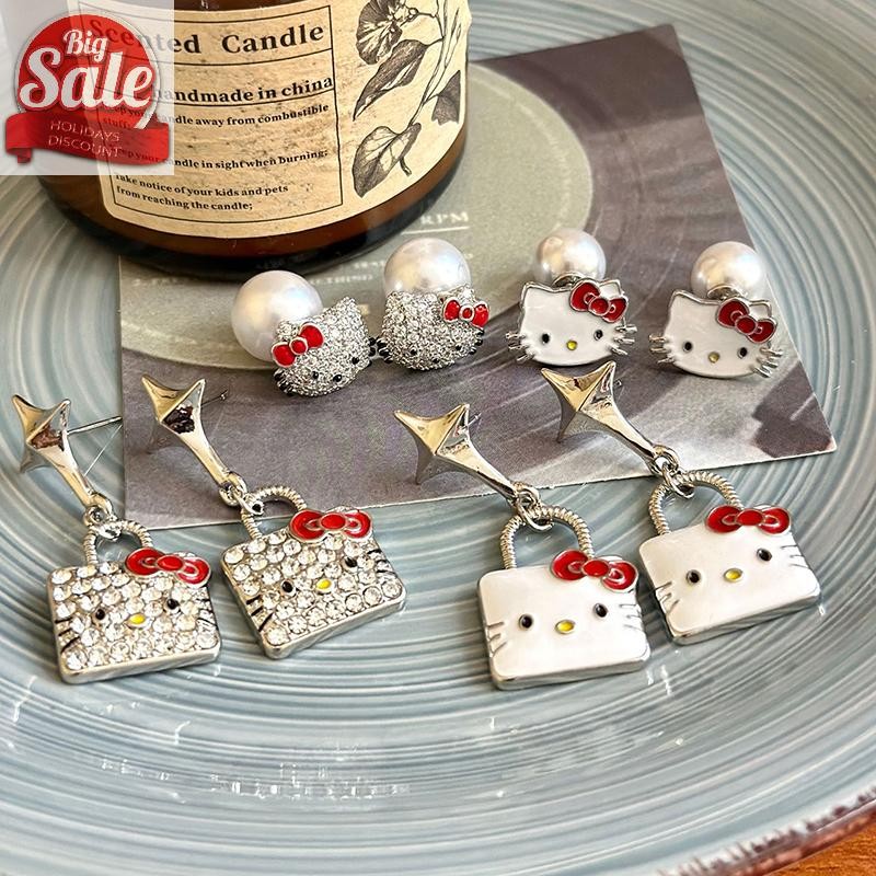 Af 1 คู่ Hello Kitty Sparkling Diamond Stud ต่างหูอะนิเมะ Sanrio KT Cat Bow Stud Kawaii ผู้หญิงเครื่
