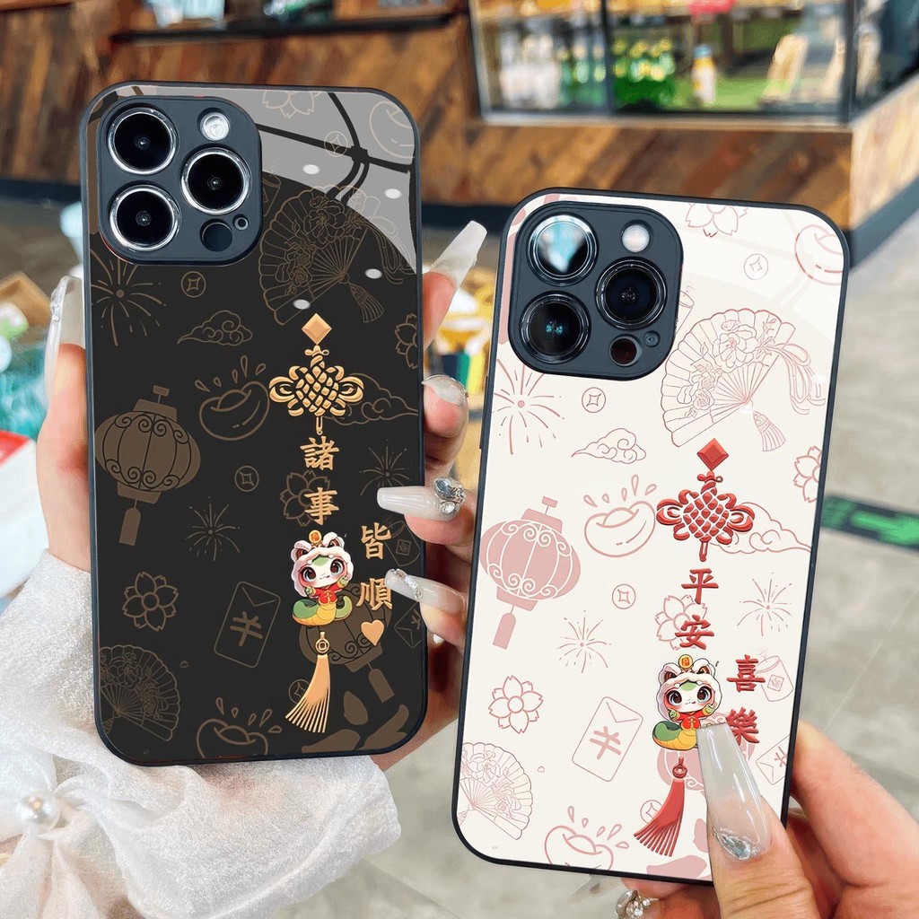 น่ารัก mini Snake Glass Case 2025 Lunar New Year design สําหรับ iPhone 17 16 15 14 13 12 11 8 7 6 6s