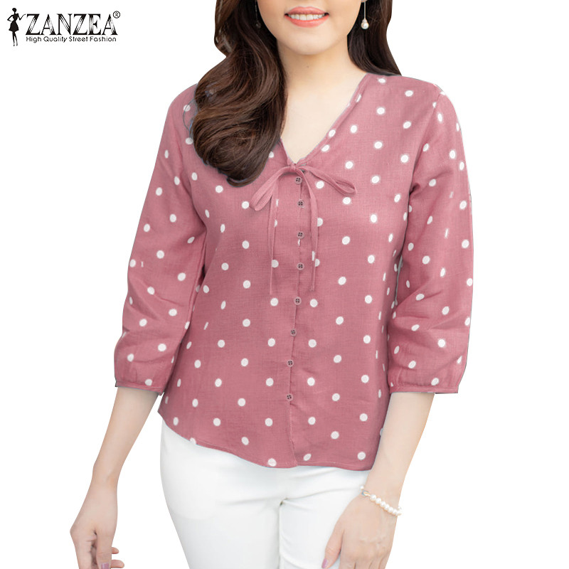 Zanzea เสื้อเชิ้ตผูกเชือกลายจุดสไตล์เกาหลีสําหรับผู้หญิง
