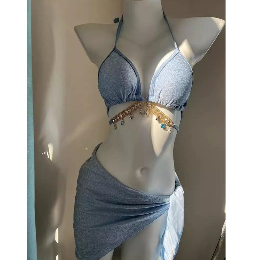 ส่งไวจากไทย ✨ ชุดว่ายน้ำบิกินี่ 3 ชิ้น สไตล์เกาหลีเซ็กซี่ กระโปรงเอวสูง แต่งผ่าข้าง✨การตกแต่งโซ่เพชร - รูปที่ 5