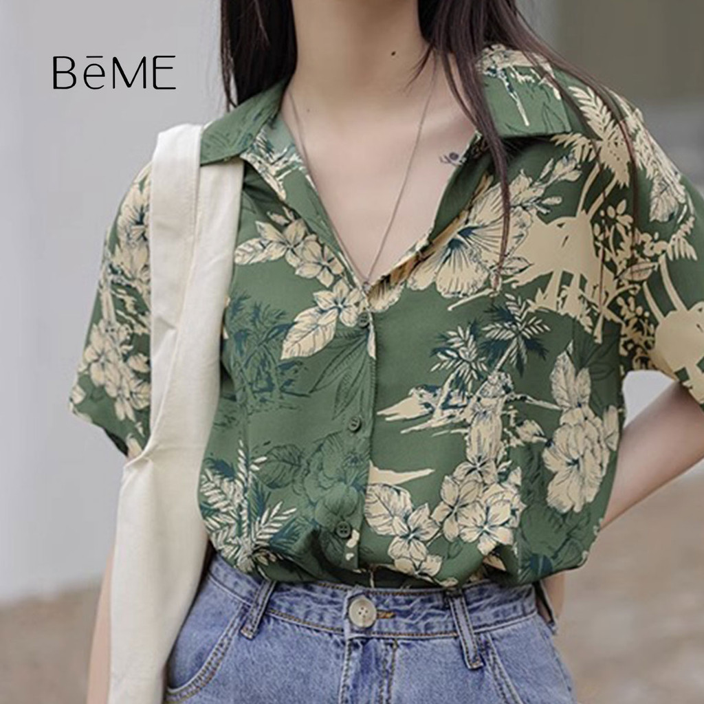 เสื้อเชิ้ตแขนสั้นลายดอกไม้ดีไซน์สวยใส่สบาย