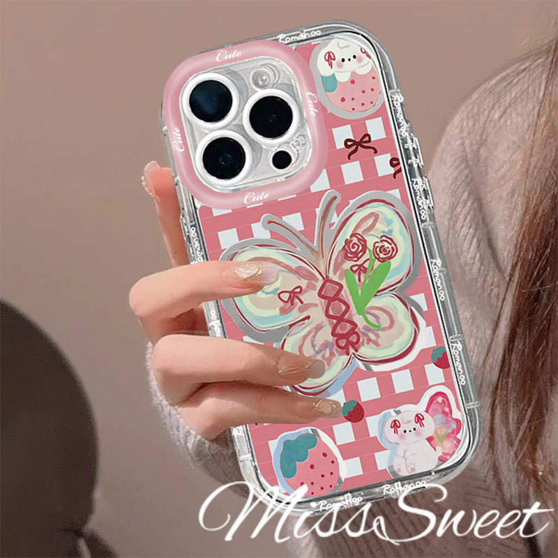 SAMSUNG Insสไตล์กระจกสําหรับsamsung A21S A20s A35 A03 A15 A24 A25 A30 A31 A33 A51 A03s A04 S A05s A11 A12 A13 A14 ผีเสื้อสีชมพูรูปแบบป้องกันการล่มสลาย + เคสโทรศัพท์ + เชือกเส้นเล็ก