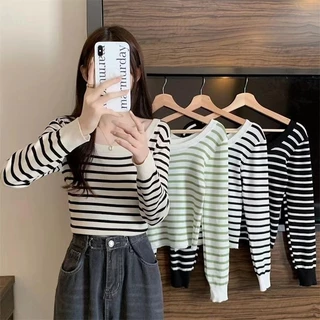 เสื้อแขนยาว เสื้อไหมพรมแฟชั่นผู้หญิง ลายทาง คอยูอิม สไตล์เกาหลี 4สี พร้อมส่ง#1X003