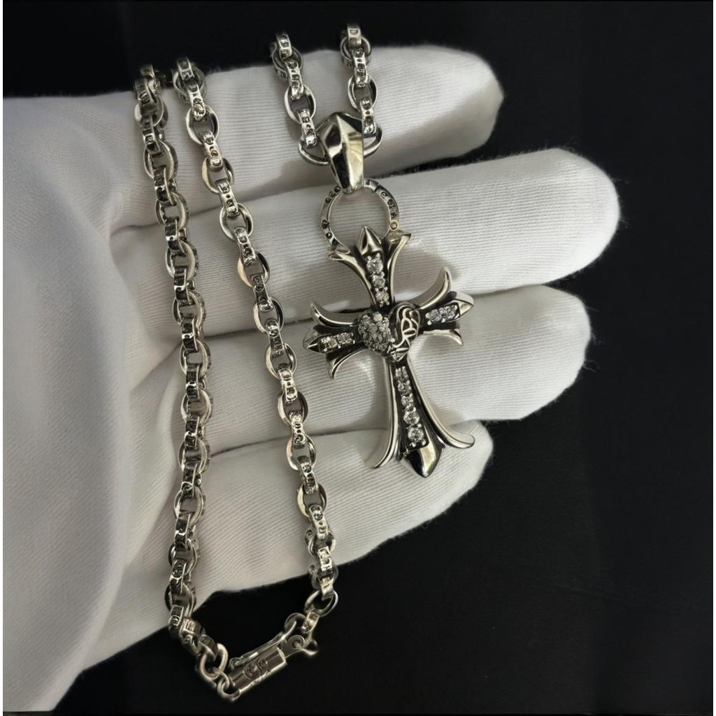 CH เงิน 925 เพชร Cross Peach Heart สร้อยคอ Vintage Punk Gothic Rock อุปกรณ์เสริม Street Hip Hop คู่เครื่องประดับของขวัญวันวาเลนไทน์ 7608