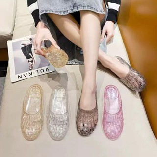 lovelygirlรองเท้าเเตะส้นเตี้ยเเบบสวมหัวคริสตัลโปร่งใส x-609