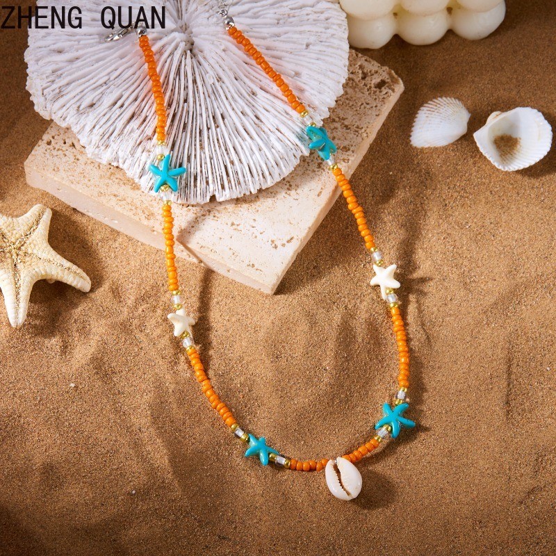 สีส้ม Boho Handmade ปลาดาวสร้อยคอลูกปัดสร้อยคอ Beach Choker สําหรับผู้หญิงแฟชั่นเครื่องประดับของขวัญวันหยุดสีสัน Bohemian
