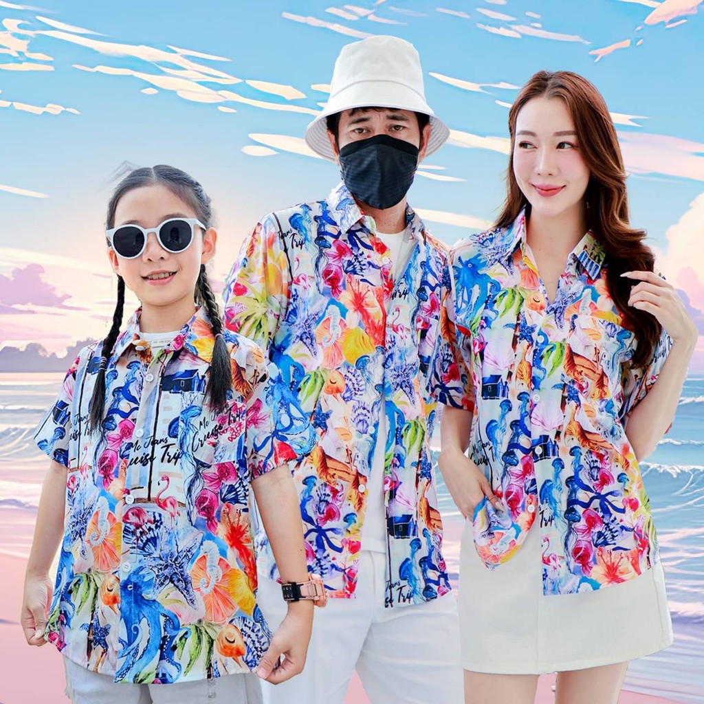 PINK08เสื้อฮาวาย ไซส์เด็ก-ผู้ใหญ่8XL ครบทีม ผ้าโพลีพลีเมี่ยม ทรงวัยรุ่น หญิงชายใส่ได้ ลายคมชัด **1ตัว**