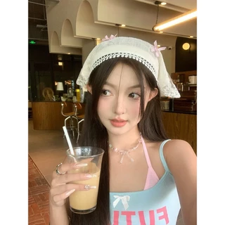 ที่คาดผม ผ้าคลุมผม ประดับโบว์ ลูกไม้ สามเหลี่ยม น่ารักหวาน สไตล์เกาหลี