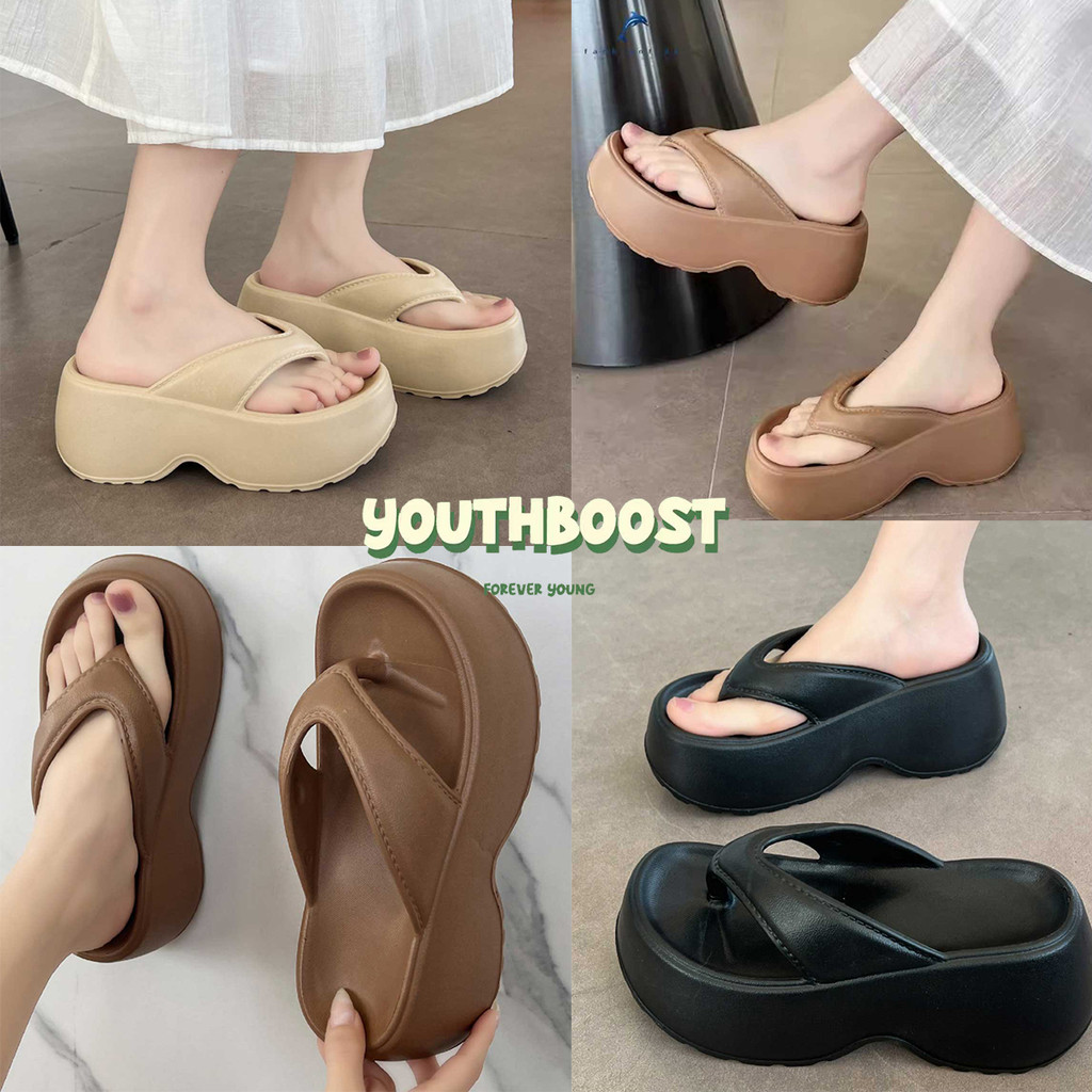 รองเท้าแตะคีบส้นสูงผู้หญิง สีดำ สำหรับการเดินเล่นริมชายหาด