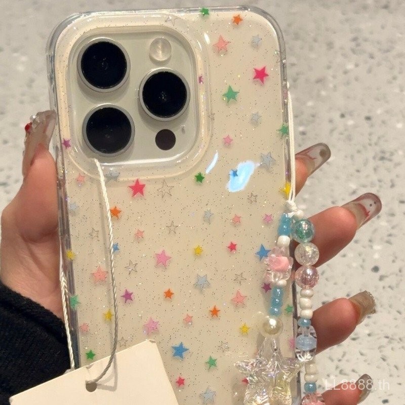 เคสโทรศัพท์สำหรับ iPhone ลายดาวแวววาว สร้อยข้อมือ โซ่ เชือก 16/15 Pro Max/14 ใหม่ 13/12/11 Pro Niche XS Max/XR Creative Plus กันกระแทก รูขนาดใหญ่ ครอบคลุมเต็มเคสป้องกัน 3V65