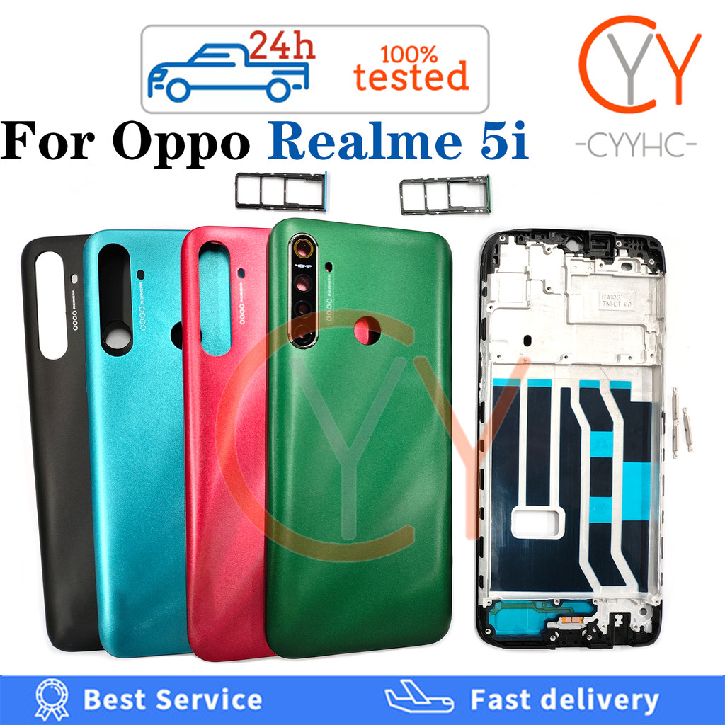 สําหรับ OPPO Realme 5i RMX2030 RMX2032 ฝาหลังแบตเตอรี่ปุ่มปรับระดับเสียงปิดปุ่มแบตเตอรี่ประตูด้านหลัง + กรอบด้านหน้า LCD + เปลี่ยนซิมการ์ด