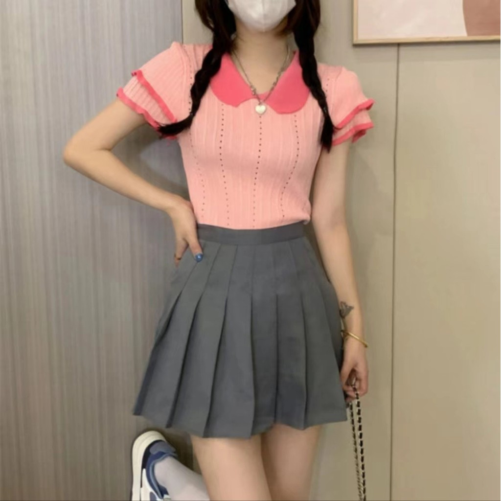 คอตุ๊กตาแบบเจาะรู เสื้อยืดแขนสั้นถักไหมน้ำแข็งสำหรับผู้หญิง ฤดูร้อน ดีไซน์บาง ความรู้สึกเฉพาะตัว Me 