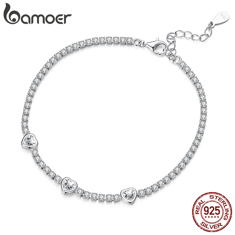 Bamoer สร้อยข้อมือเงินแท้ 925 Love Heart ประกายเครื่องประดับแฟชั่นผู้หญิงของขวัญ