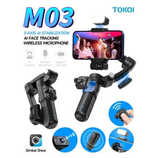 TOKQI M03 Gimbal พร้อมแสงไฟและระบบติดตามใบหน้าอัตโนมัติหมุนได้ 3 แกน พร้อมแบต 3000mAh ถ่ายวิดีโอเนียนสุดไม้กันสั่นพับได้