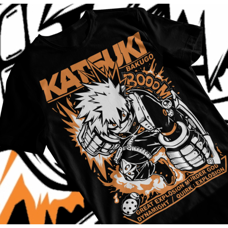 Katsuki Bakugo เสื้อยืดมังงะ My Hero Academia อะนิเมะเสื้อยืดสีดํา Tee Soft