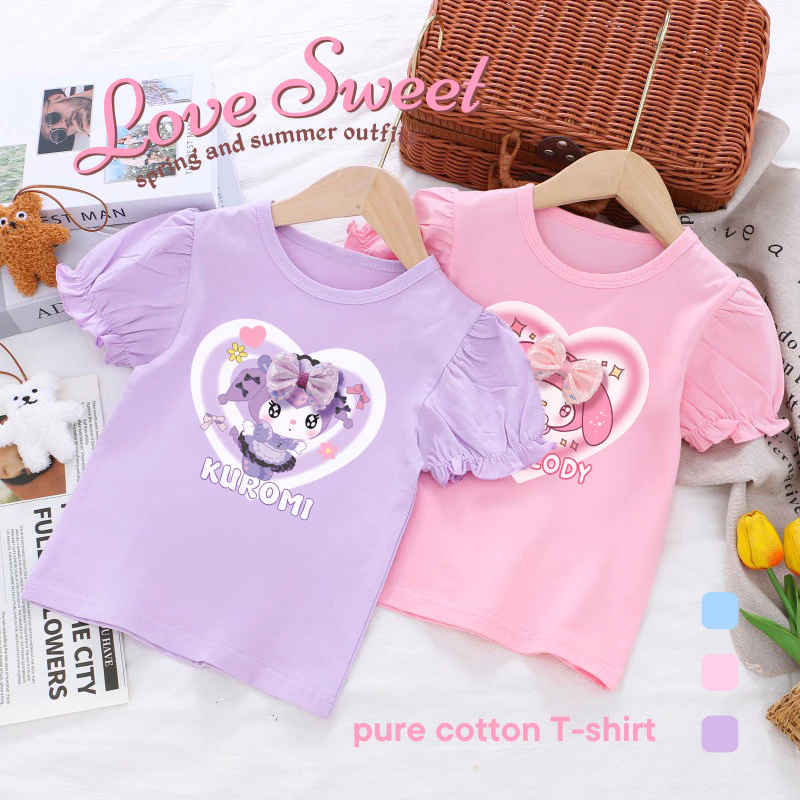 เสื้อยืดเด็กผู้หญิง Kuromi3D โบว์พัฟแขนเสื้อ GOTS ได้รับการรับรองผ้าฝ้ายอินทรีย์ Princess Tee
