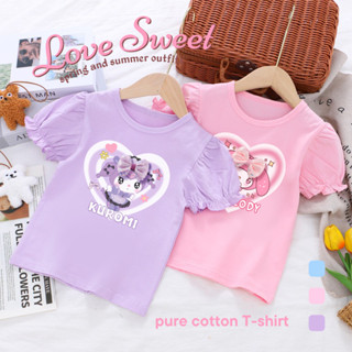 เสื้อยืดเด็กผู้หญิง Kuromi3D โบว์พัฟแขนเสื้อ GOTS ได้รับการร…