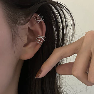 ต่างหูแบบหนีบ หลายชั้น ประดับเพชร แฟชั่นยุโรปและอเมริกา 1 ชิ้น สำหรับผู้หญิง พร้อมส่ง