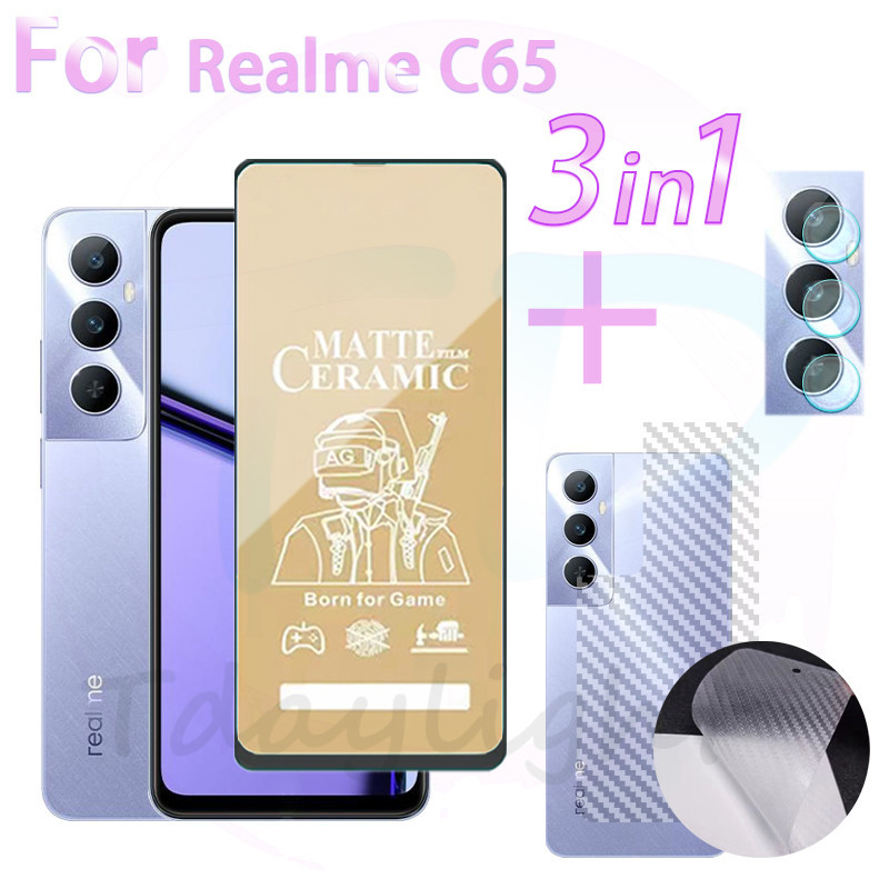 3 in 1 ฟิล์มกันรอยหน้าจอ Realme C65 ฟิล์มฝ้าเซรามิค สําหรับ Realme C51 C51S C53 Note 50 ฟิล์มเลนส์ยืดหยุ่น ฟิล์มคาร์บอนไฟเบอร์ ด้านหลัง