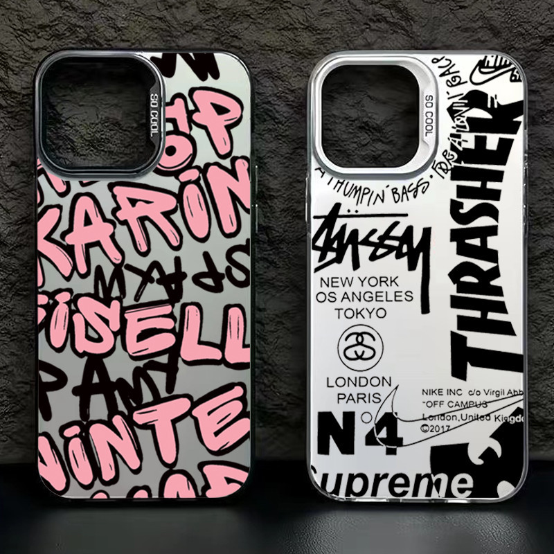 ปลอกสําหรับ iPhone 15 16 Pro Max iPhone 11 12 13 14 Pro Max iPhone 8 7 16 Plus X XS Max XR สีชมพูตัวอักษรภาษาอังกฤษ Graffiti หรูหราเงิน IMD Hard Cover