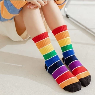ถุงเท้าเด็ก แถบสีรุ้ง ข้อกลาง สำหรับอายุ 1-8ขวบ พร้อมส่งจากไทย