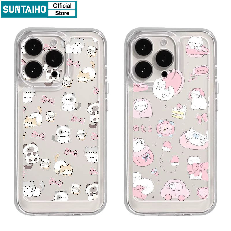 Suntaiho เคสไอโฟน เคสโทรศัพท์มือถือแบบนิ่ม TPU กันกระแทก ลายแมว โบว์น่ารัก สําหรับ Iphone 15 14 12 13 11 Pro Max IP 7 8 Plus Iphon X XS XR Xs Max