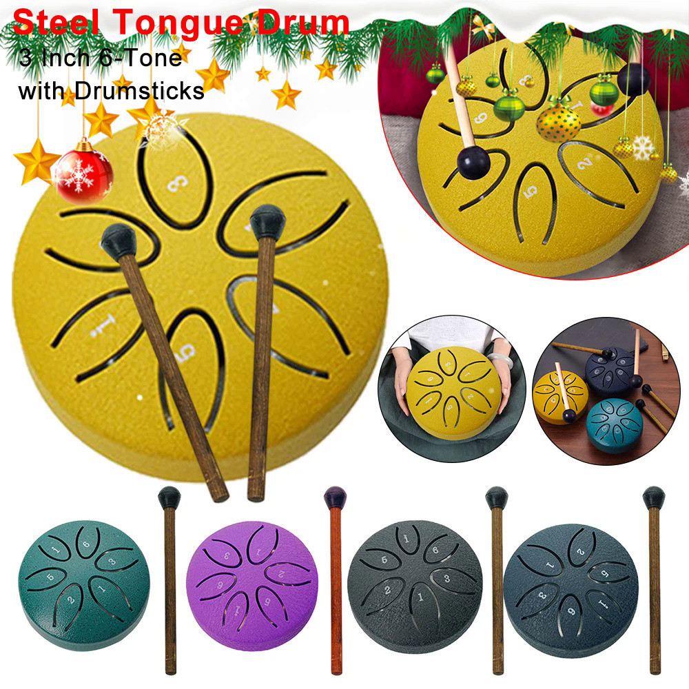 3 In 6-Tone Steel Tongue Drum Mini Hand Pan Drums with Drumstick Ethereal Tongue Drum Percussion Musical Instrument for