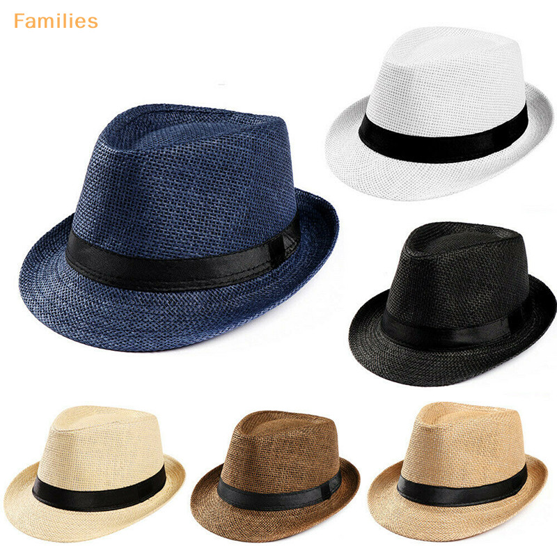 Families > Unisex หมวกผู ้ ชายผู ้ หญิง Fedora Trilby หมวกฟางปีกกว ้ าง Beach Sun Gentleman Adlut ดี