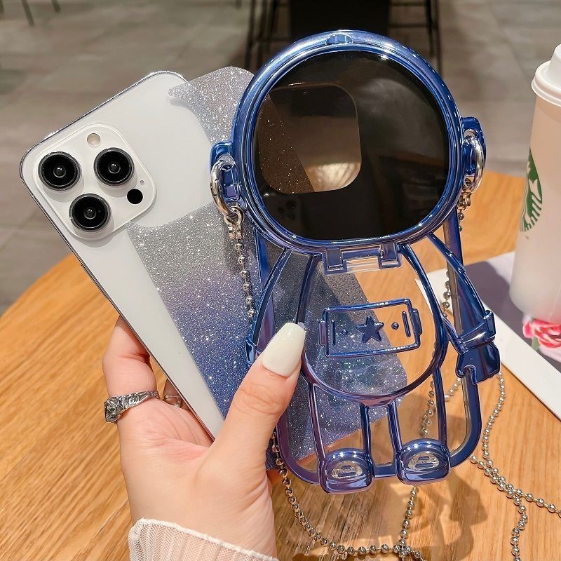 ปลอก iphone 11 12 13 14 15 Pro Max Electroplated นักบินอวกาศแต ่ งหน ้ ากระจก crossbody chain เคสป ้ องกัน