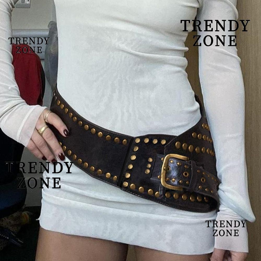 Trendyzone เข็มขัดไม่สมมาตร, เข็มขัดหนัง Rivet Streetwear, Harajuku Aesthetic Chic Punk สไตล์เข็มขัดกว้างผู้หญิง